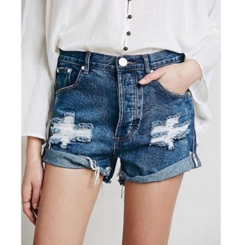 One Teaspoon Outlaws Cotton Denim Dark Wash Distressed Shorts NOWT